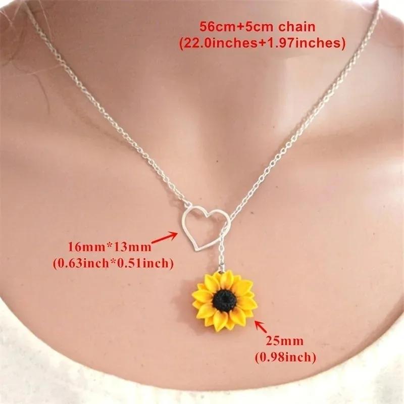Daisy Fashion Simple Yellow Sunflower Heart Lariat Necklace Women Infinity Charm Bridal Flower Sunflower Bridesmaid Necklace