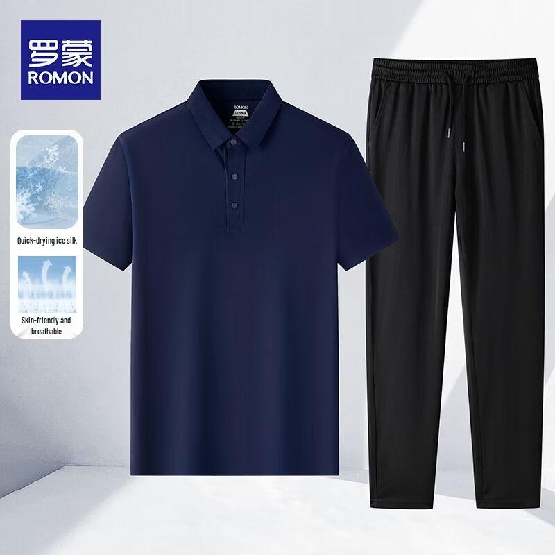 

Romon Men s Ice Silk Short-Sleeved Polo & Sports Pants Set 3XL