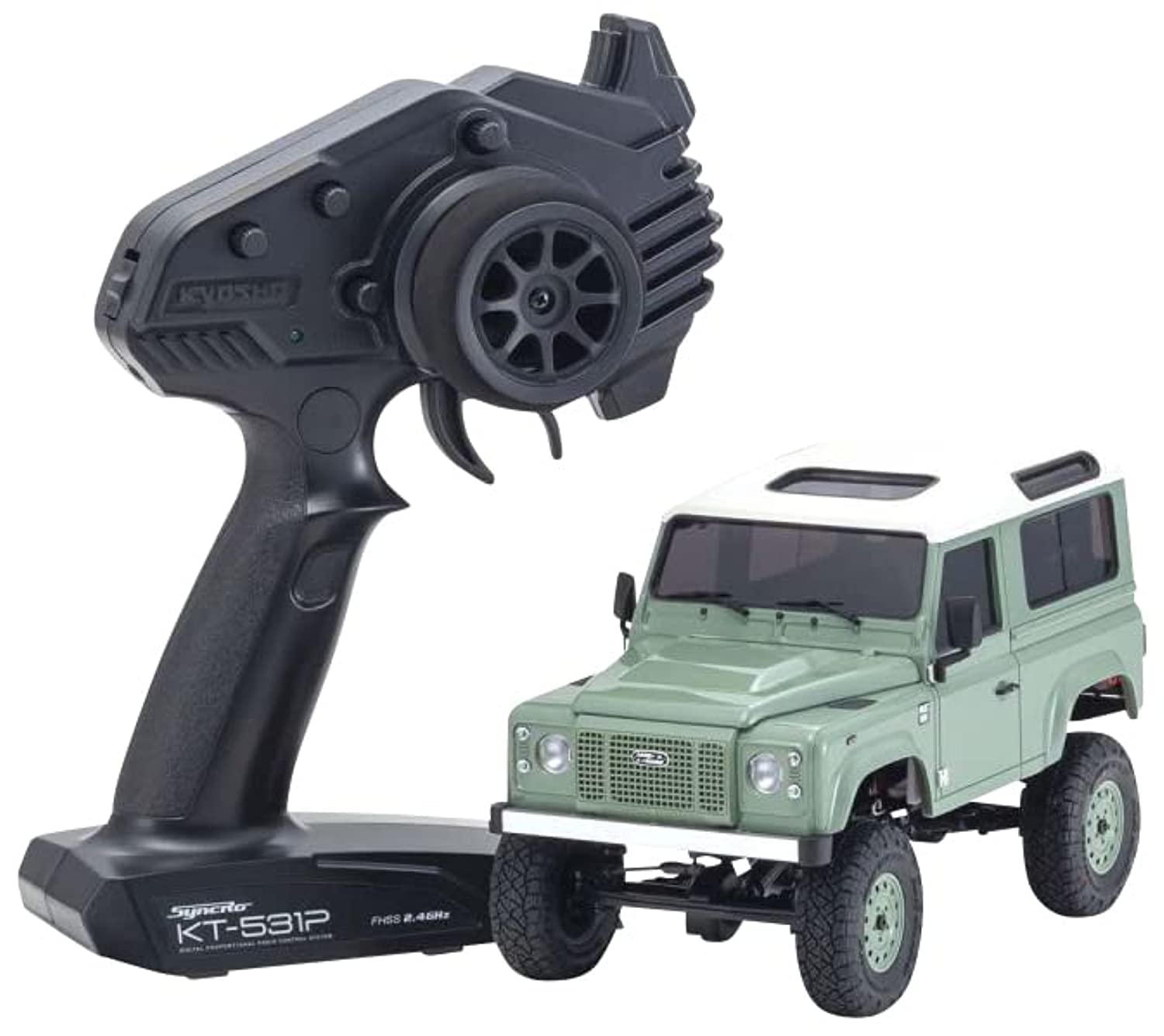 

Kyosho Radio Controlled Electric Crawling Car 4x4 Series Readyset Land Rover Defender 90 Heritage in Grasmere White MINI-Z Green/Alaska (32527GR)