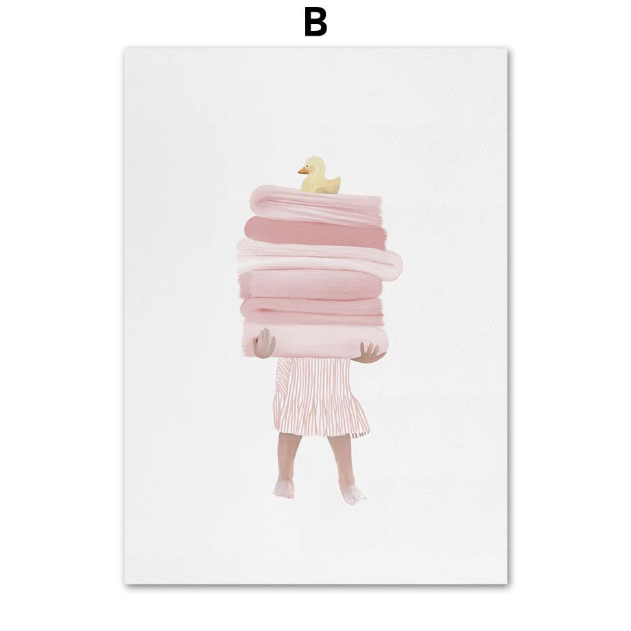 Ροζ Παραλία Κολύμπι Φλαμίνγκο Βιβλίο Μπαλόνι Τέχνη Τοίχου Καμβάς Ζωγραφική Αφίσες Και Εκτυπώσεις Εικόνες Τοίχου Διακόσμηση Υπνοδωματίου Μωρού Κοριτσιού Αγοριού