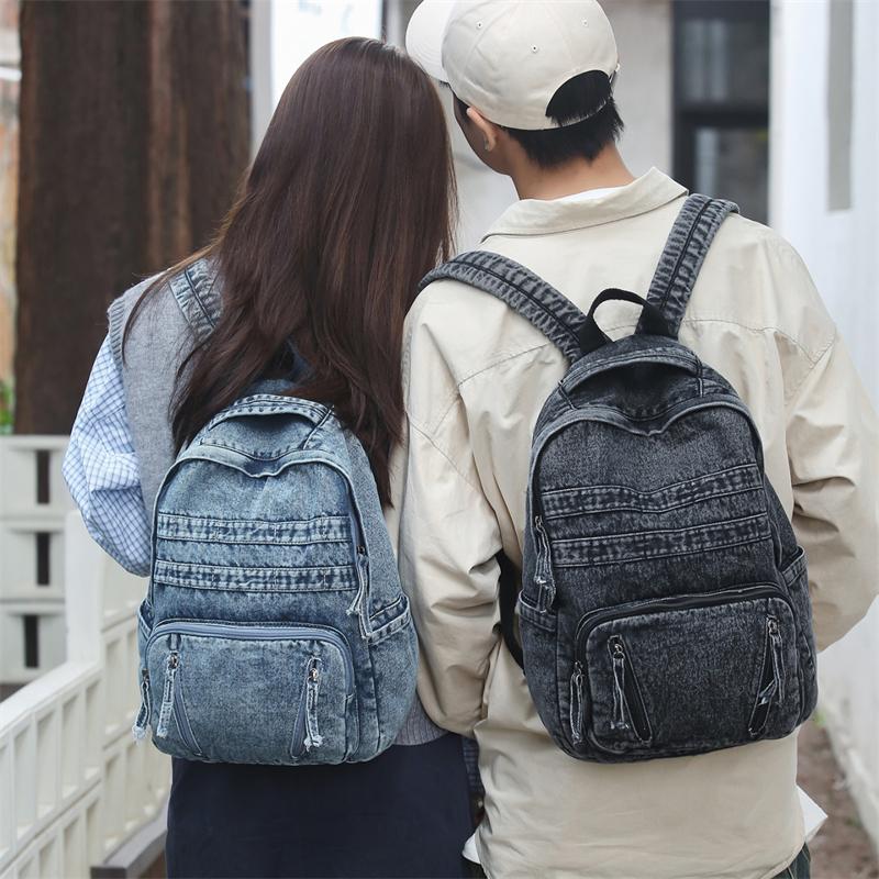 Denim Backpack Large Capacity Student Schoolbag Travel Commuter Backpack
