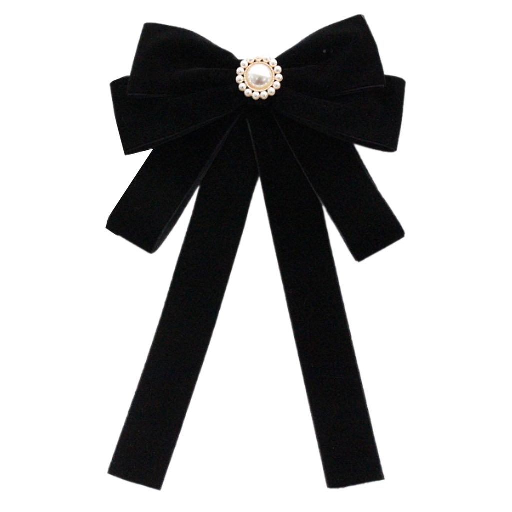 Elegant Women's Velvets Bows Tie Brooch Pin Pre Tied Bowknot Necktie with Rhinestones and Pearls Decors for Formal Event