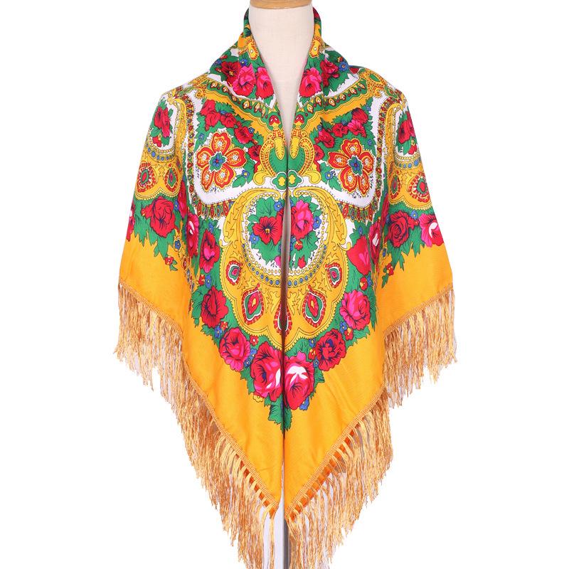Women's Ethnic Print Summer Shawl - Large Square Scarf with Tassels for Travel & Photos