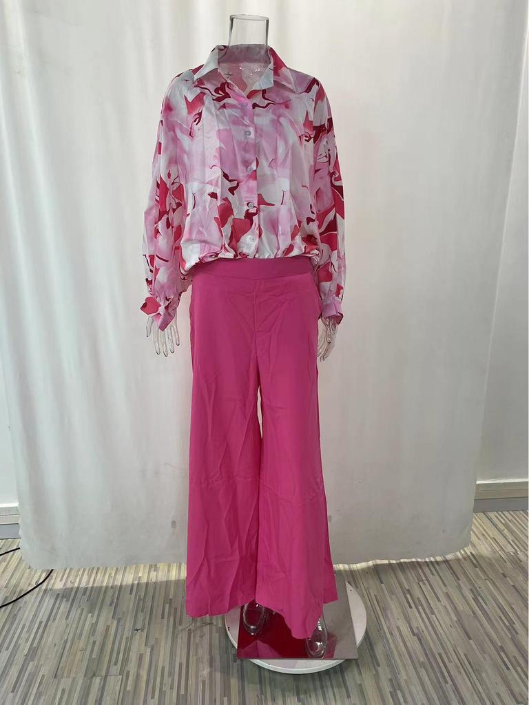 2026 Spring European & American Women's Printed Shirt & Elegant Wide-leg Pants Fashion Set