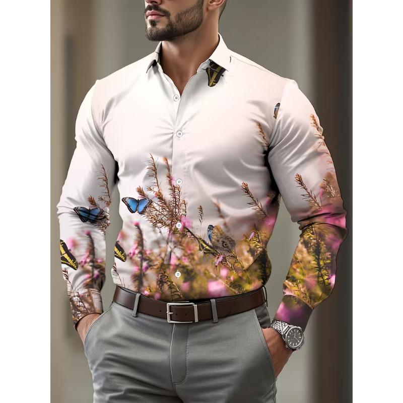 New Men's Long Sleeved Shirt 3D Butterfly Print Long Sleeved Luxurious Irregular Pattern Shirt Collar Top