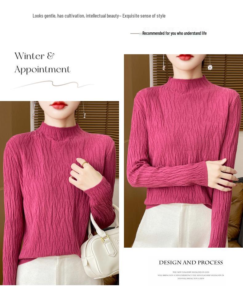 Niche Bark Texture Half-High Collar Sweater: Autumn/Winter Long Sleeve Temperament Knitwear for Women