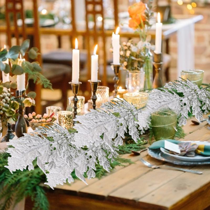 1/20PCS Christmas Pine Needle Branches Cypress Leaf Flock Pine Xmas Tree Artificial Fake Plant Wreath Ornament Snowy Twig Decor