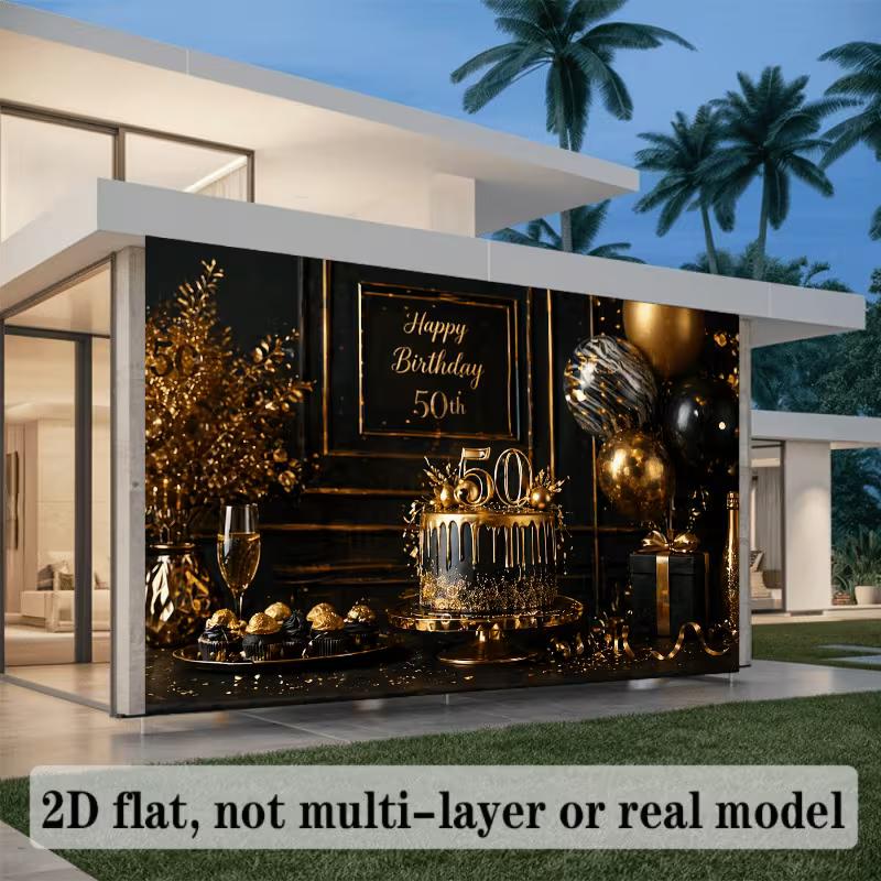2D Black Gold Glitter 50th Birthday Background Banner for Adult Anniversary Party Decor
