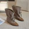 Small retro pointed pleated piled boots autumn and winter new long tube thin western boots with skirt women's boots