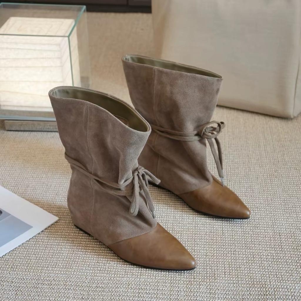 Small retro pointed pleated piled boots autumn and winter new long tube thin western boots with skirt women's boots