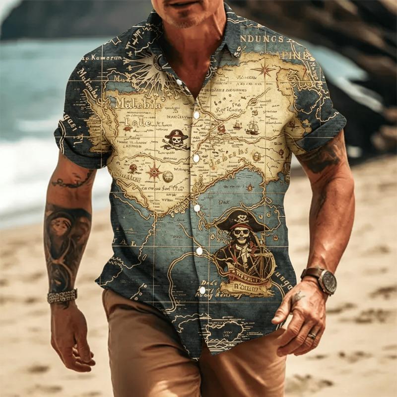 Men's Vintage Pirate Treasure Map Print Short Sleeve Shirt, Casual Nautical Button Up Shirt for Spring & Summer