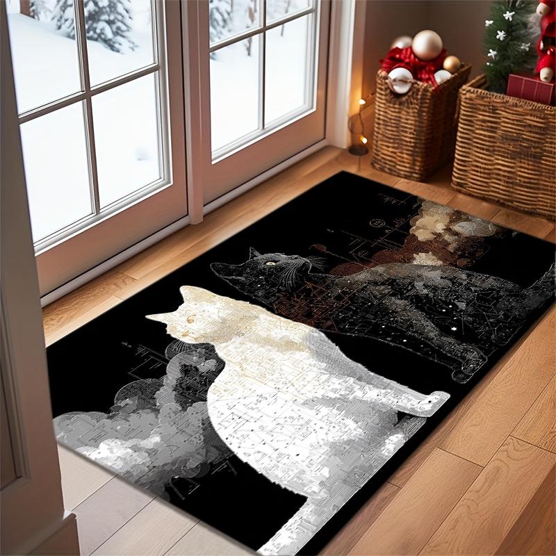 

1pc Modern Black & White Cat Suitable for Entryway, Living Room, Bedroom - Thick Soft Machine-Washable with PVC Backing, Minimal 40cm x 60cm