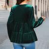 Women Tops V-Neck Lantern Long Sleeve Solid Color Pullover Tops Ruffle Stitching Hem Loose Fit Velvet Shirt