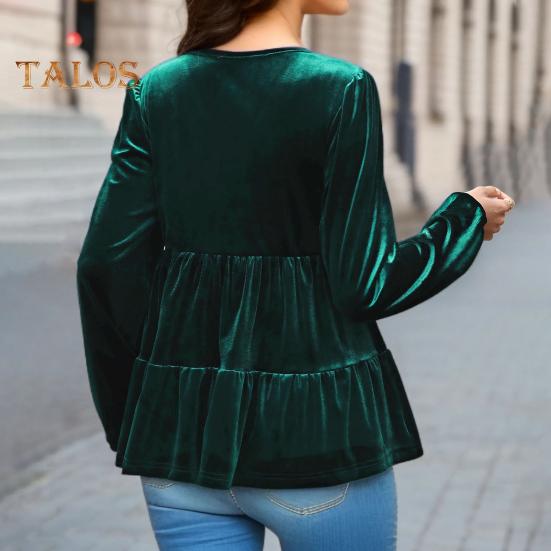 Women Tops V-Neck Lantern Long Sleeve Solid Color Pullover Tops Ruffle Stitching Hem Loose Fit Velvet Shirt