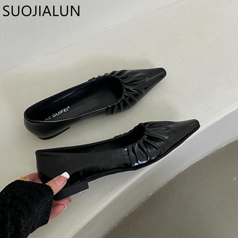 Fashion SUOJIALUN 2024 Spring New Women Flat Shoes Fashion Pleated Pointed Toe Ladies Ballerinas Shoes Flat Heel Shallow Slip On Ballet