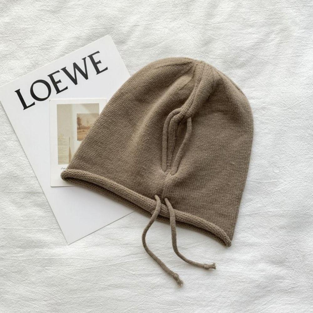 Ear Protection Drawstring Wool Cap Sweet Solid Color Pullover Hat Winter Knitted Cap  Autumn/Winter