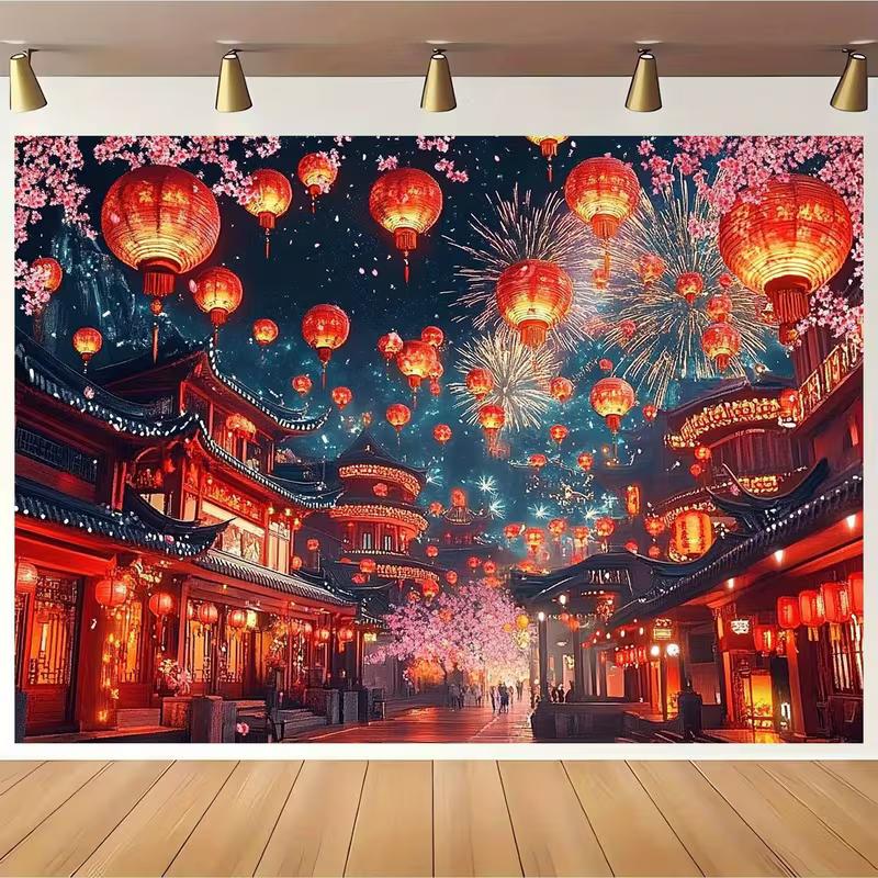 2D Spring Festival Tapestry Red Lantern Fireworks Ancient Town Photo Background 47.2x31.5inch/120*80cm