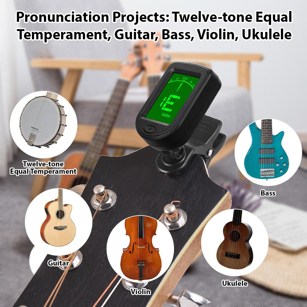 Guitar Tuner Clip On for Twelve Tone Equal Temperament Guitar Bass Violin Ukulele Dual Color Backlit LED Screen