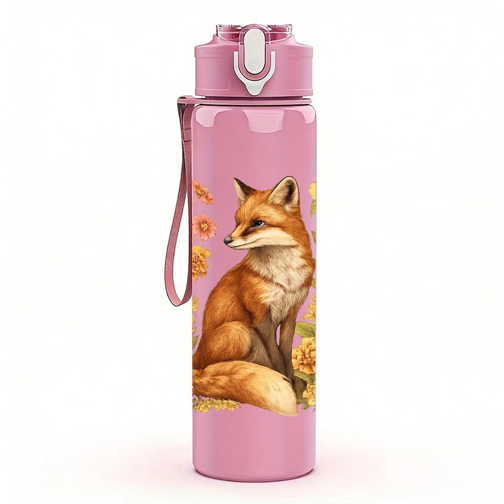 1PC Floral Fox Illustration 750ml Color Plastic Sports Water Bottle Leakproof Flip Straw Lid Suitable for Sports Office Home Use