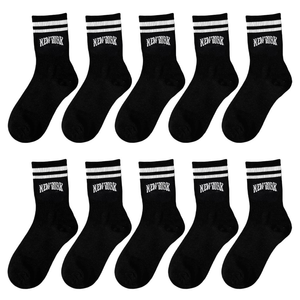 3/5/10 Paar Damen Crew-Socken, Schwarz mit Schriftzug "New York" und Streifen, Bequem, Atmungsaktiv, Feuchtigkeitstransportierend, College
