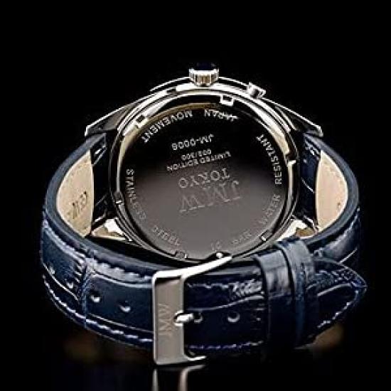JMW TOKYO Moon Phase Watch 100m Water Genuine Leather Roman Blue Silver Limited Edition of 300 Perfect Day Gift Men's [Japanese Movement] Resistant,