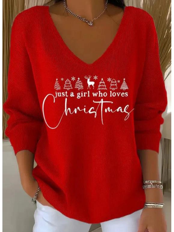 2025 3D Print V-Neck Drop Shoulder Christmas Pullover for Women
