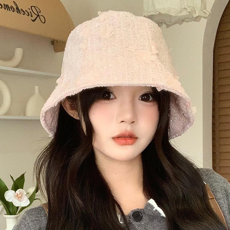 Little Fragrant Style Cute Flower Fisherman Hat for Women In Autumn and Winter Windproof Face Small Pot Hat Korean Versatile Sweet Bucket Hat