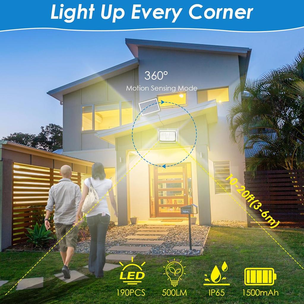 Solar Light Outdoor 190 LEDS Motion Sensor Sun Lamp Clip On Flood Light Solar Security Light Waterproof for Patio Garage Garden