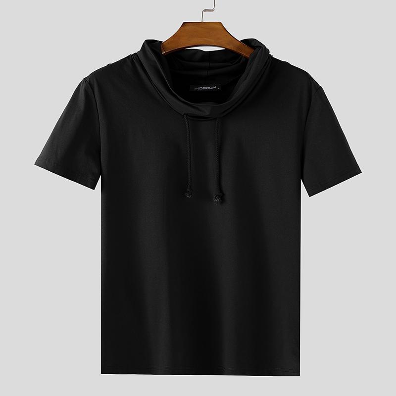 INCERUN Summer Men Drawstring Neck Short Sleeves Casual Fitted Tee Tops