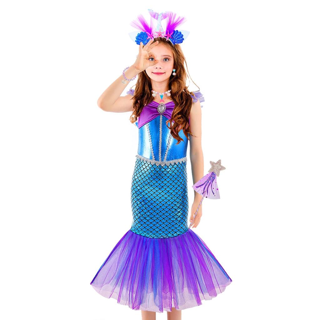 Mermaid Dress, Kids' Princess Dress, Deluxe Princess Dress 8-Piece Set (Necklace, Bracelet, Earrings, Magic Wand, Ring, Hairband, and Skirt)