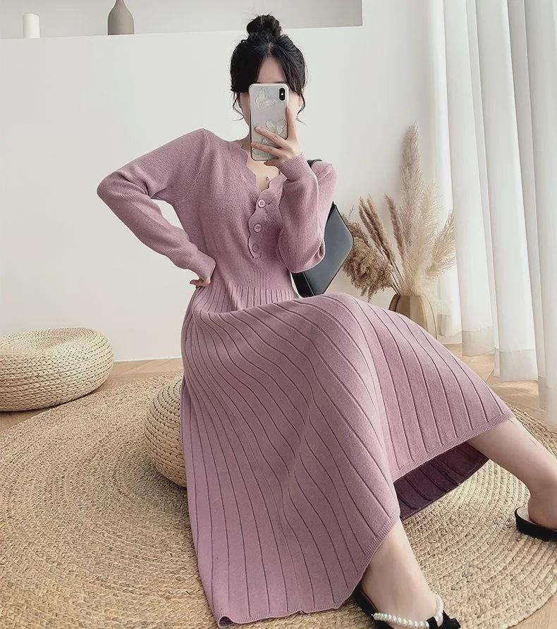 Spring & Autumn 2024 Slim Fit Knitted Midi Sweater Dress
