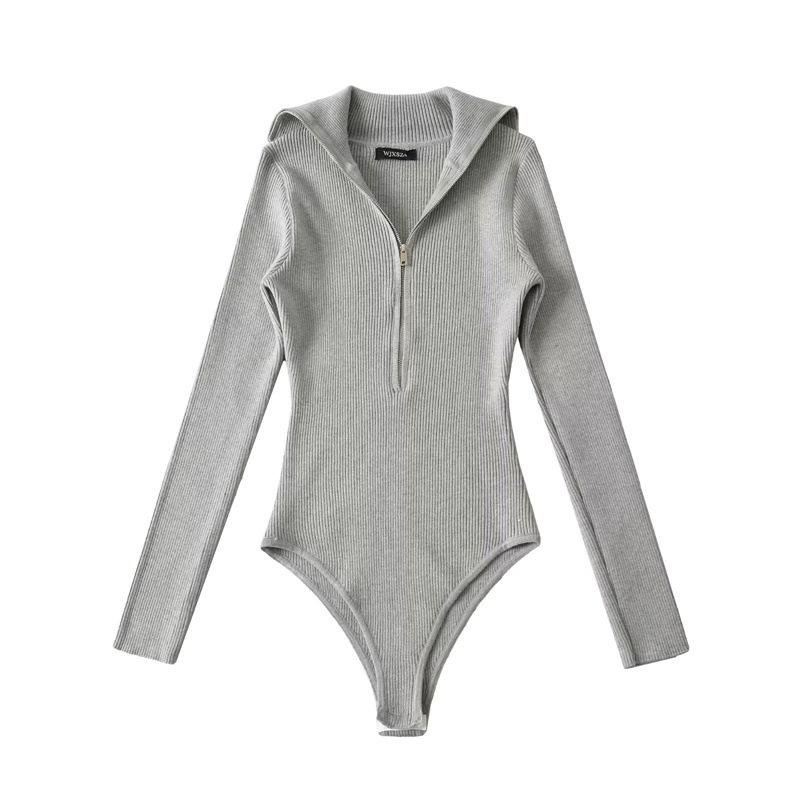 

Lightweight High Neck Half-Zip Knit Jumpsuit - Women s Slimming Autumn/Winter Sexy Base Layer Top One Size сірий колір