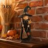 Solid Wood Halloween Crafts Vintage Wooden Witch Figurine, Statues with Ornaments Broom Pumpkin Black Cat, Fall Farmhouse Tabletop Decorations