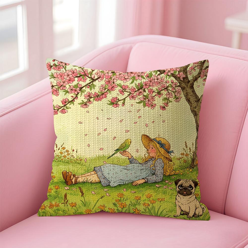 Art Sarah Kay Swing Girl Cushion Cover Natural Linen Pillow Case DoubleSided Print Decorative Sofa Pillowcase Home Decor Gift