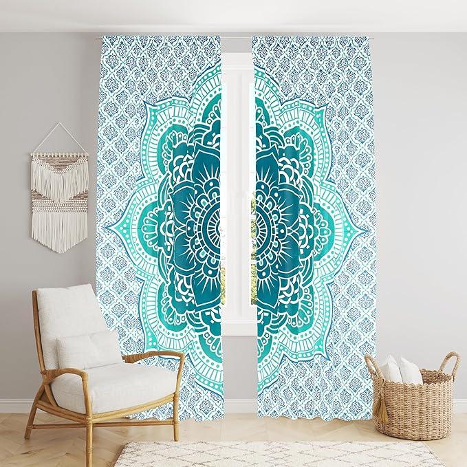 

Bless International Beautiful Indian Bohemian Psychedelic Hippie Ombre Window Curtain Panels for Bedroom, Living, Balcony (Green Passion Flower) 83 L x 38 W