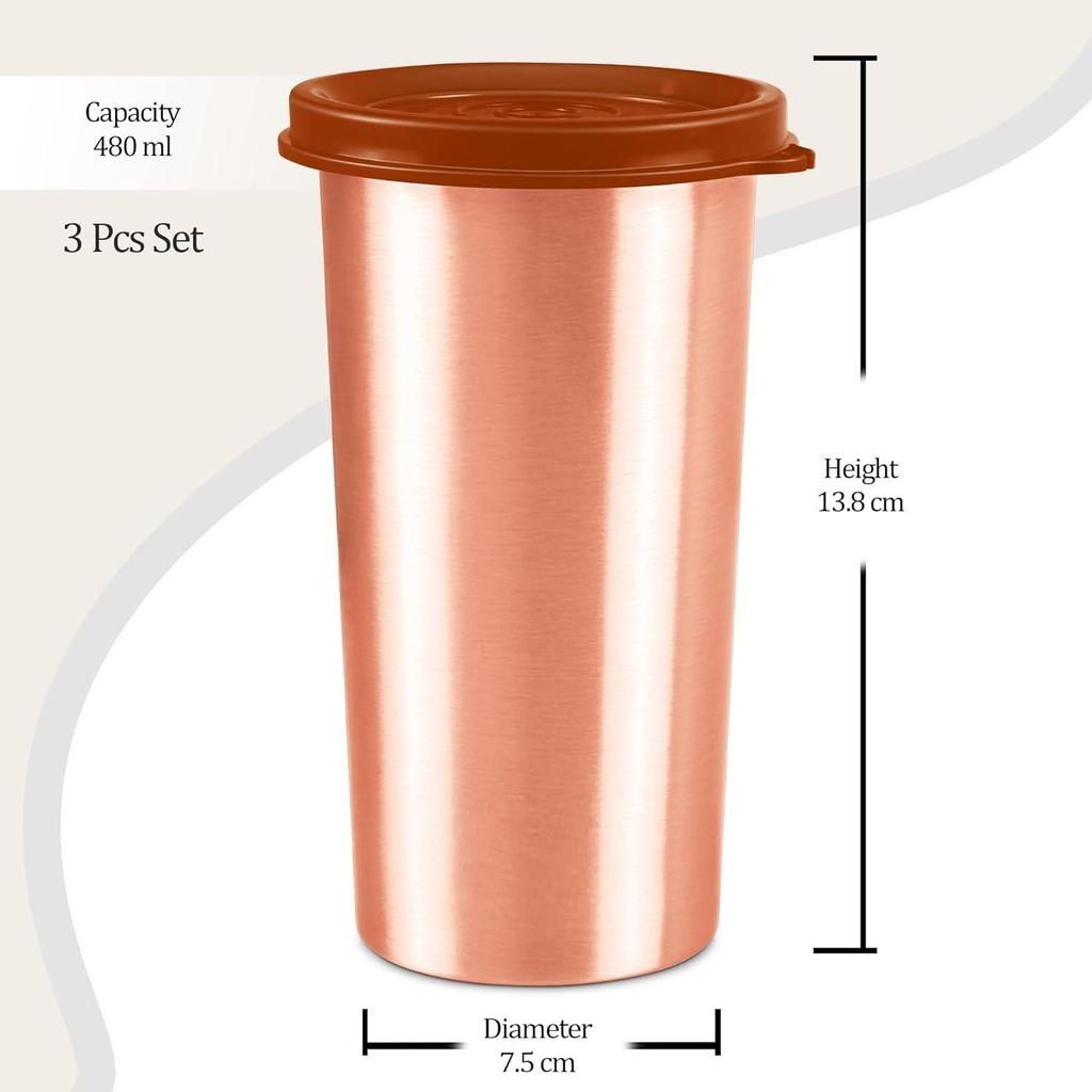 Copper Drinking Water Tumbler with Lid, Set of 3, 480 Ml Each, Copper | 100% Leak Proof | Office | Gym | Yoga | Home | Kitchen | Hiking