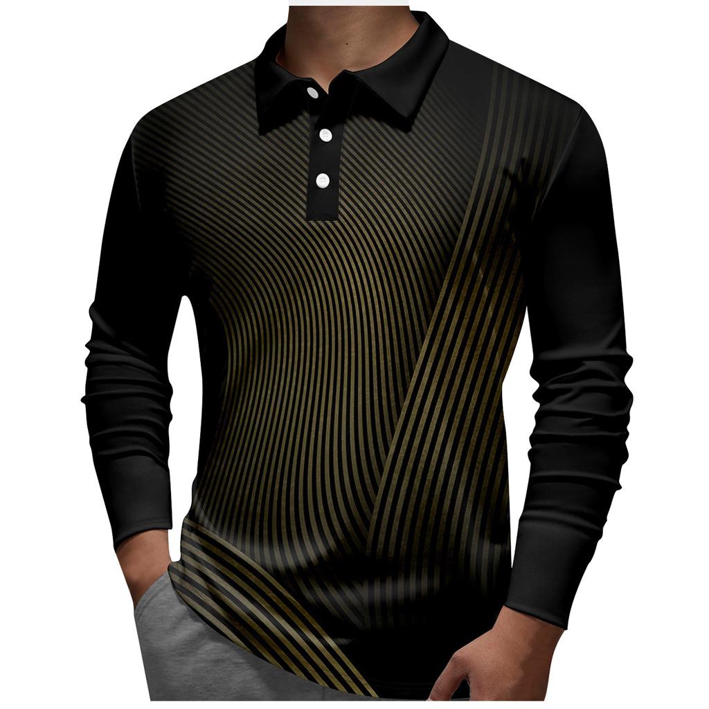 Herren-Revers-Langarm-bedrucktes Freizeit-Oberteil, lockeres Sport-Revers-Hemd