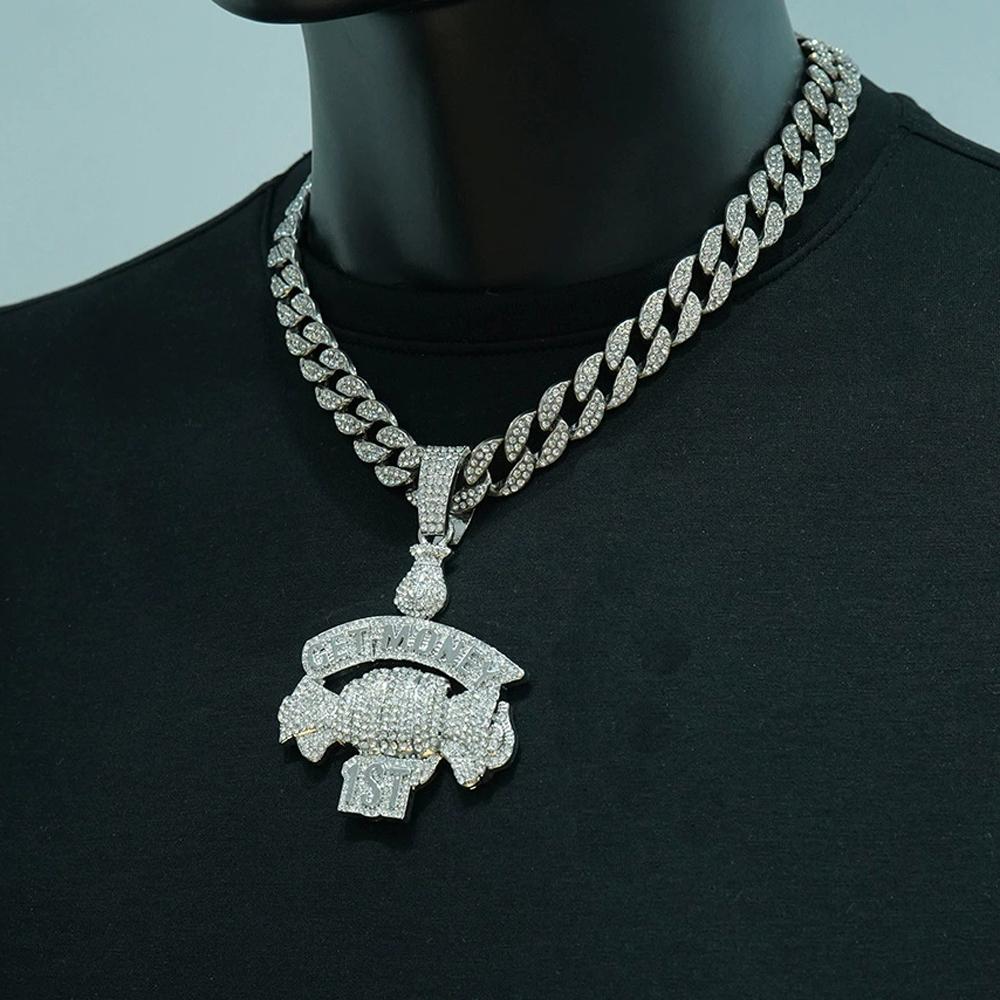 New Hip Hop Style Letter GET MONEY & Money Bag Pendant Necklace with 15MM Cuban Chain Men Candy Necklaces Rapper Hip Hop Jewelry