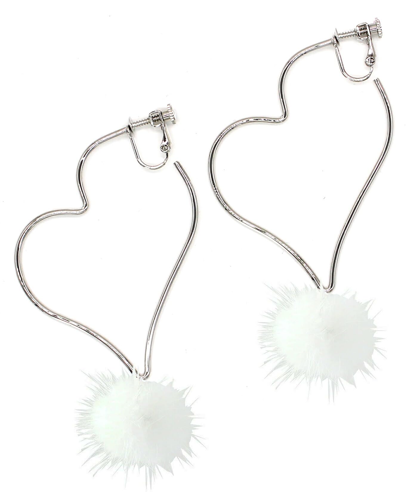

open mink made in [miwaki] Women s earrings, heart, fur, white, screw-on hoop, accessory, motif, silver, Japan, p0234-fur-1-E-WH-M-R