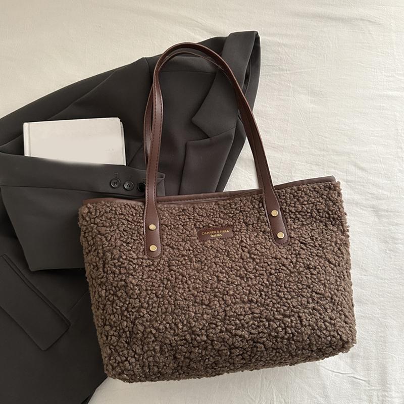 Bolsa de mão macia grande capacidade outono inverno bolsa de ombro feminina lã de cordeiro bolsa tote com zíper casual compras viagem tote