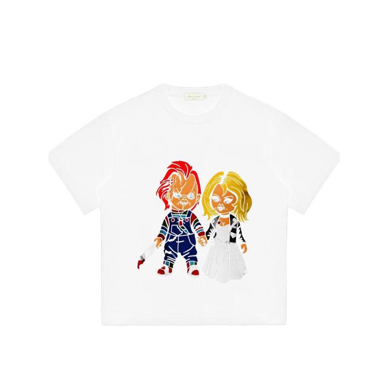 Chucky and Tiffany Cartoon T Shirt Black Horror Movie Characters Print Casual Wear for Men and Women