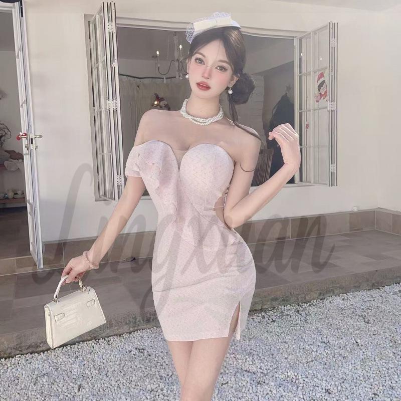 Low-Cut Ruffle Hem Mesh Patchwork Bodycon Dress Small розовый