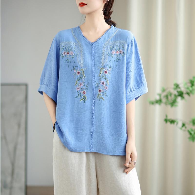 Dimanaf 2025 Summer Plus Size T-Shirt Floral Women Short Sleeve V-Neck Short Loose Tops Tees