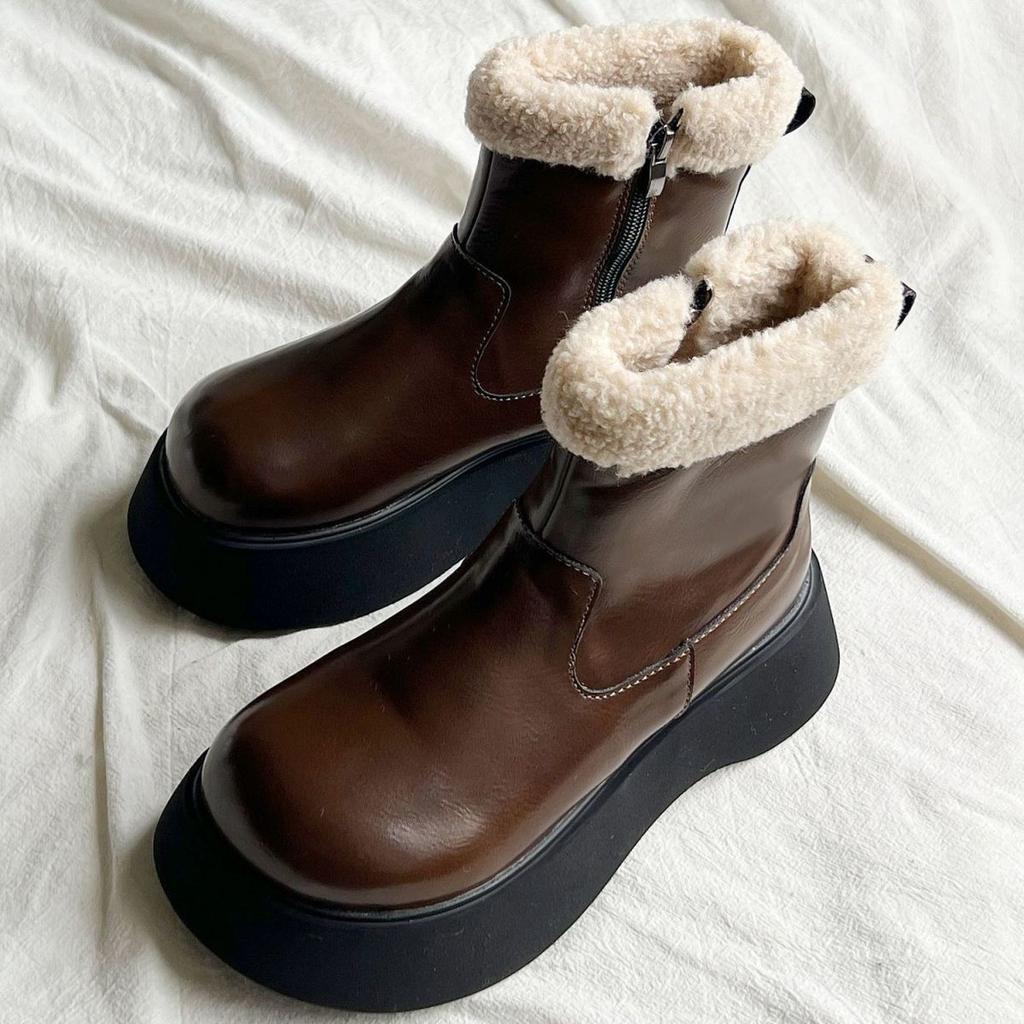 Popular Thick-soled Velvet Warm Snow Boots Women's Fluffy Short Leather Boots Winter 2025 New Waterproof Martin Boots