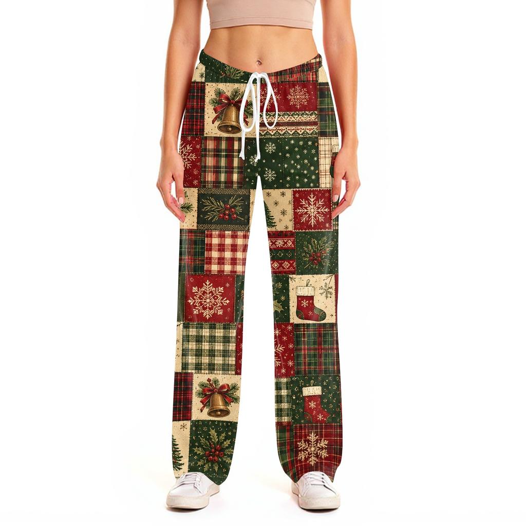 Damen Weihnachts-Pyjamahose mit Aufdruck, elastischem Bund und - Lässige Haus-Schlafkleidung