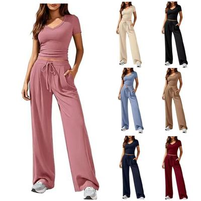 2026 European & American Women's Solid Color V-Neck Top and Wide-Leg Pants Fashion Set