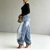 2026 Damen High-Waist Weitbeinige Jeans mit Distressed-Waschung Strassstein-Detail Streetwear Lockerer Schnitt