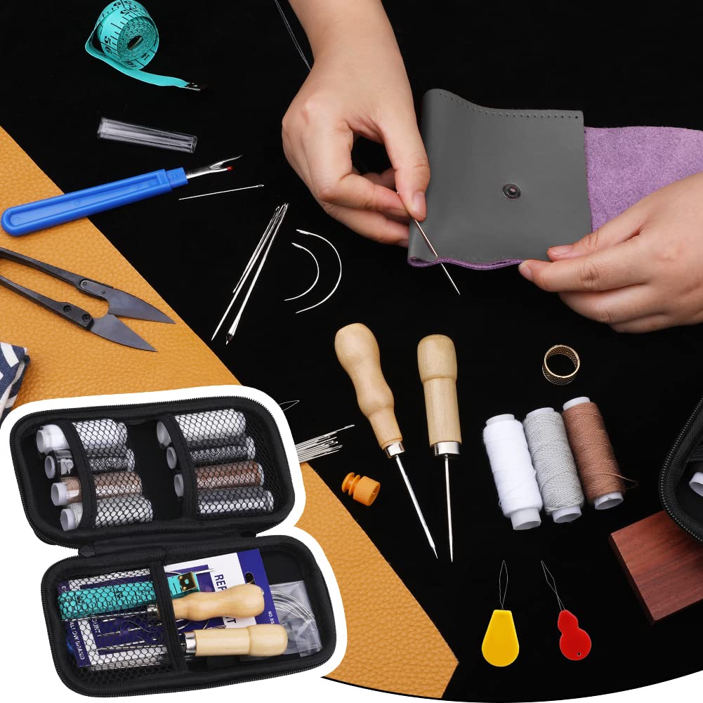 Fenrry 54PCS Leather Sewing Kit Leather Stitching Kit with Awl Sewing Thread Seam Ripper Scissors Leather Tools for Starts