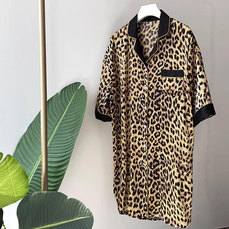 

Pajamas Women s Summer Thin Ice Silk Sexy Pajamas Boyfriend Wind Large Size Leopard Print Shirt Skirt Can Be Worn Outside Loungewear 2XL