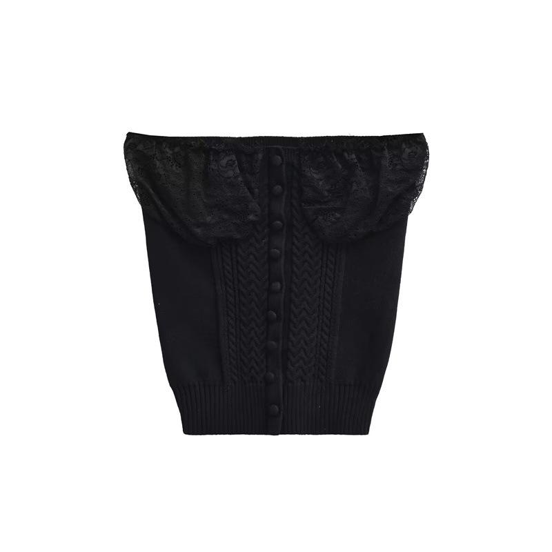 

Korean Design Lace Spliced Cable Knit Strapless Top: Elegant, Off-Shoulder, Waist-Cinching. Medium чёрный